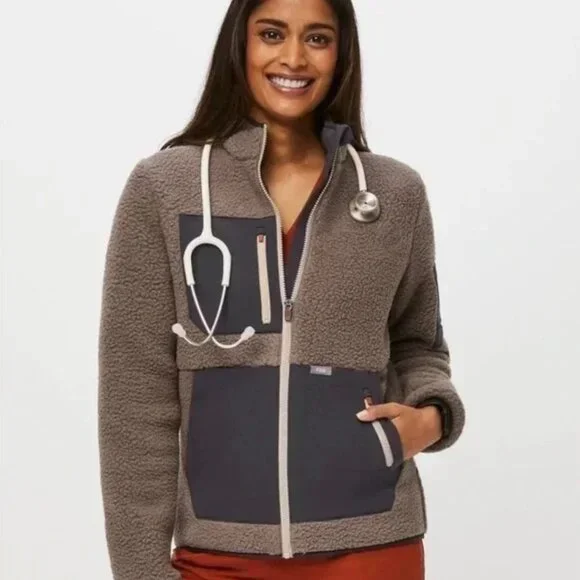 Figs On-Shift Sherpa Jacket Cacao Brown Small Warm Thermal Fleece Nurse Doctor - Picture 1 of 12